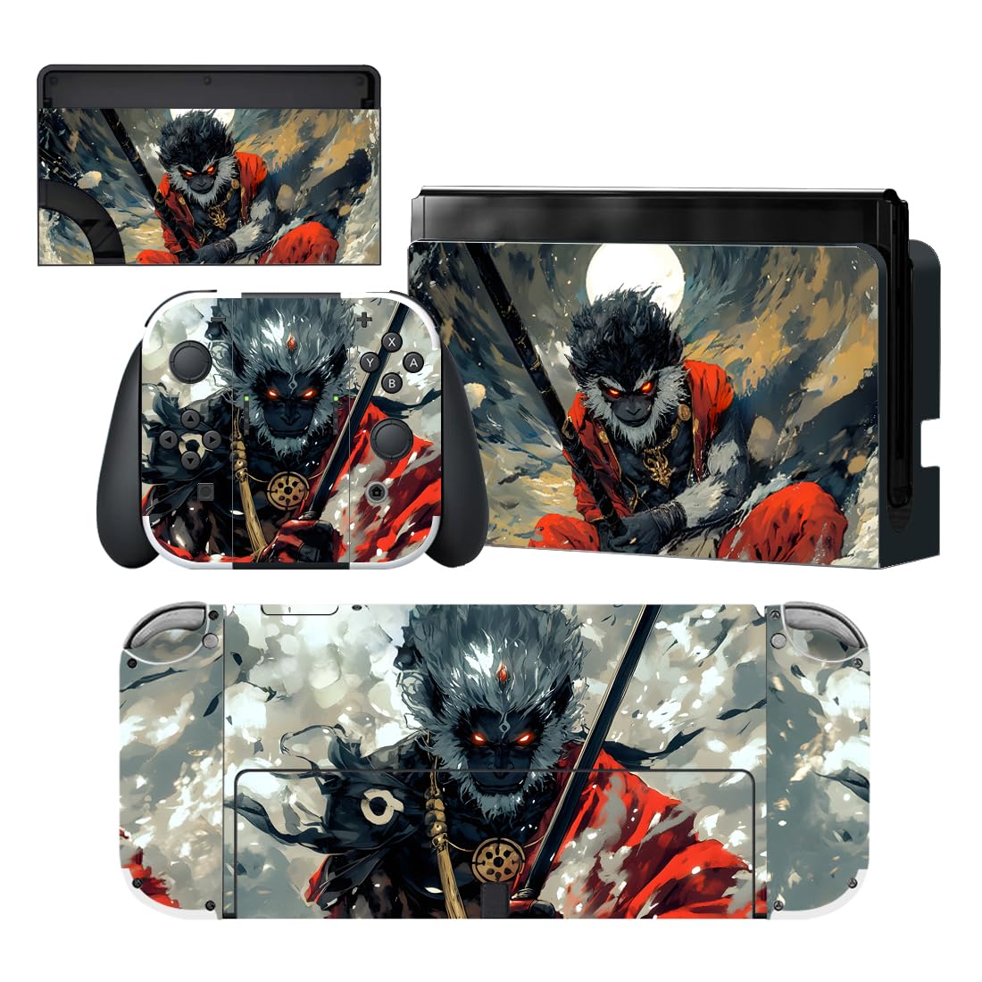 PlayVital for Nintendo Switch OLED Skins Full Set - No-Residue Protective Vinyl Decal Wrap Sticker for Switch OLED Console Dock Joycon & Hand Grips - Fallen Wukong