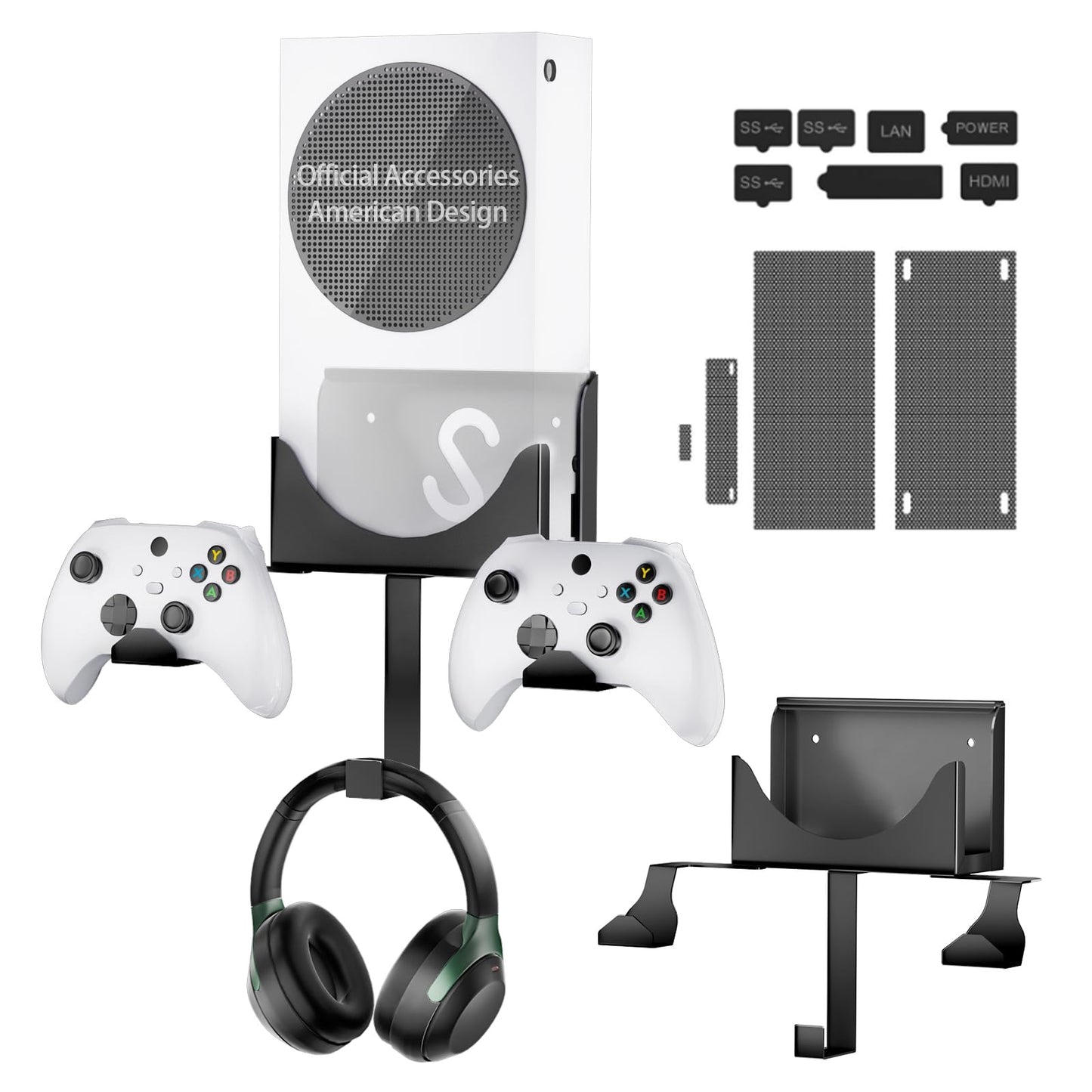 Wall Mount Kit with Detachable 2 Controller Holder & 1 Headphone Hanger & Dust Plugs Net Kits Metal Wall Mount Stand Compatible with Xbox Series S Black