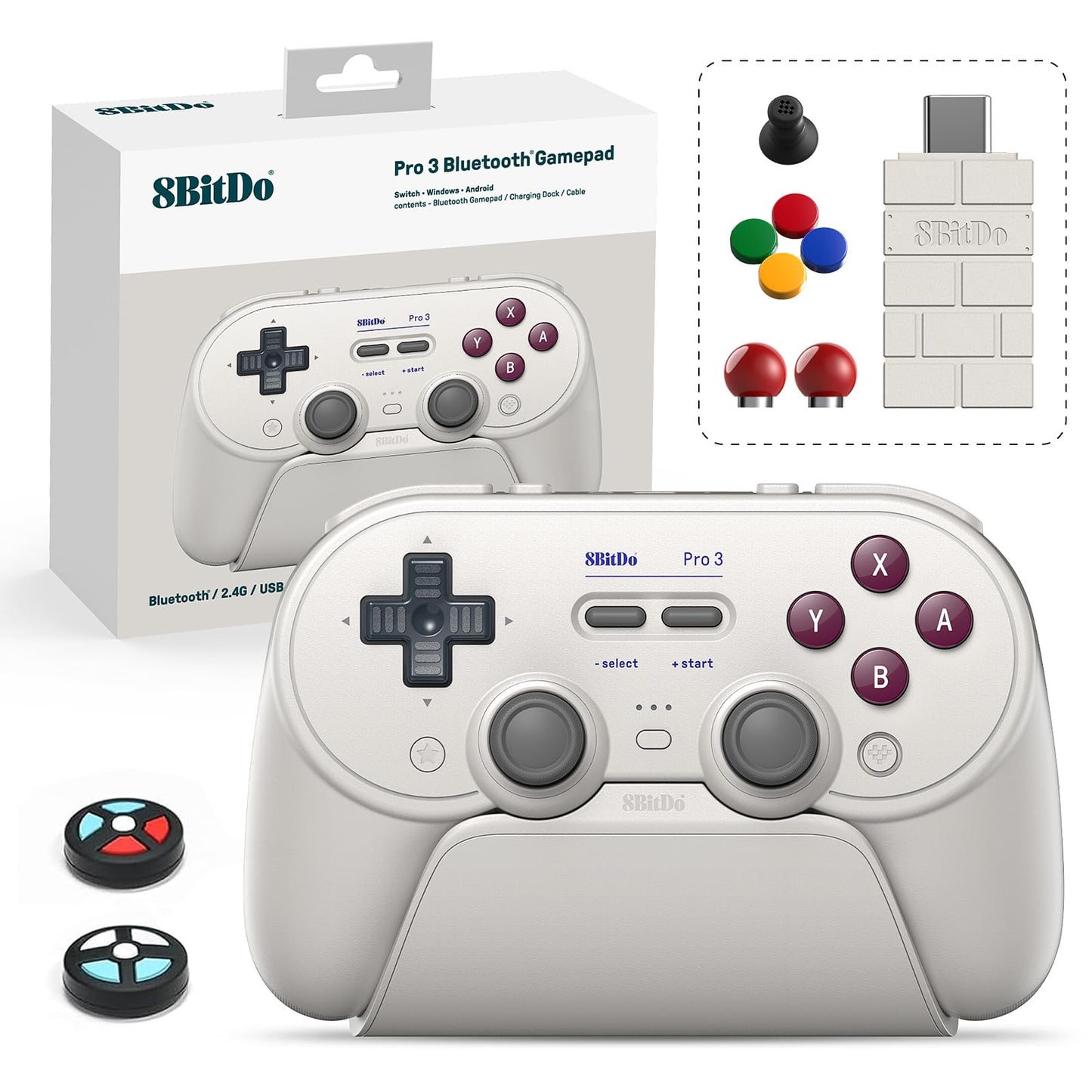 8Bitdo Pro 3 Bluetooth Controller with TMR Joysticks Swappable ABXY Buttons Pro Back Buttons Charging Dock Hall Effect Triggers for Switch/Switch 2 Windows Apple SteamOS Android (G Classic)