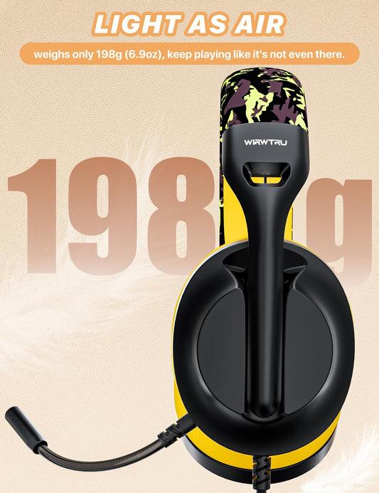 WIRWTRU S30 Gaming Headset - Lightweight Wired Headphones, Noise Cancelling Mic, Soft Earmuffs, Yellow, Compatible with Xbox, PS5, PC