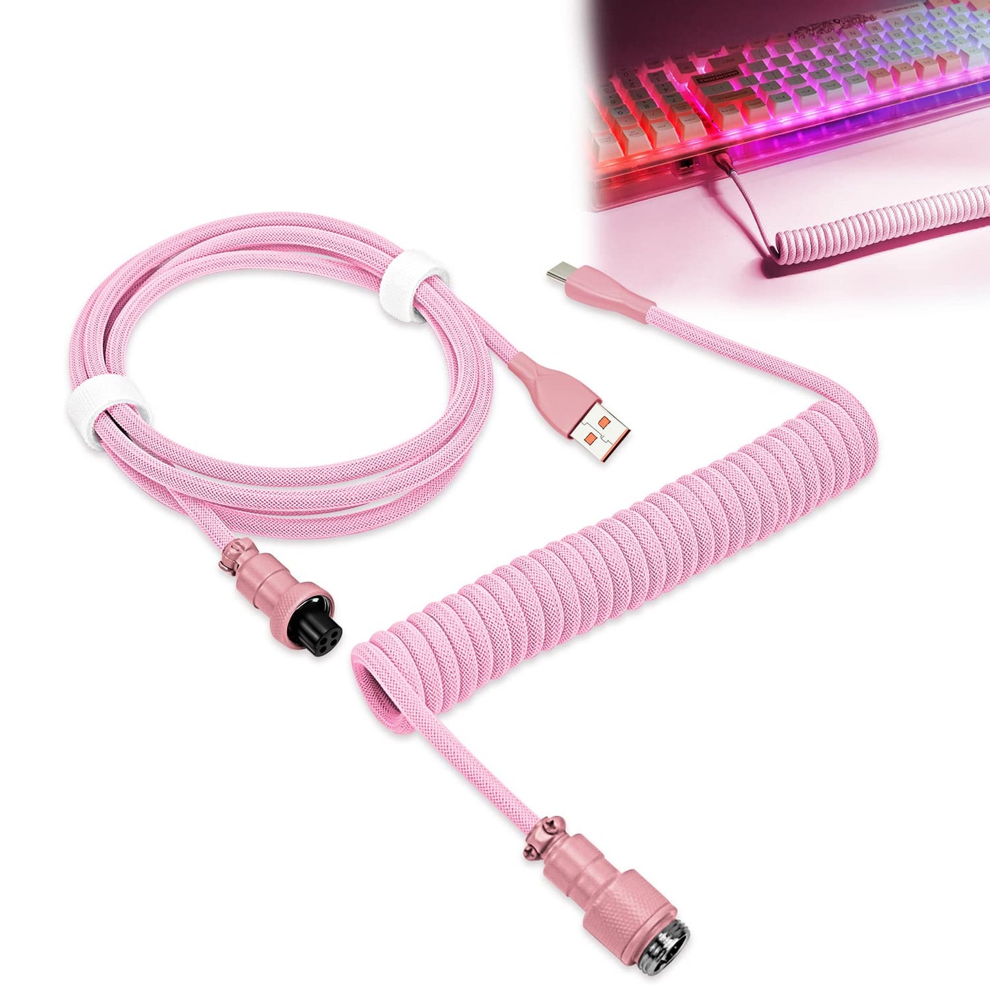 UCINNOVATE Coiled Keyboard Cable Pro Custom Coiled USB C Cable for Gaming Keyboard Double-Sleeved Mechanical Keyboard Cable with Detachable Metal Aviator 1.8M USB-C to USB-A (Pink)