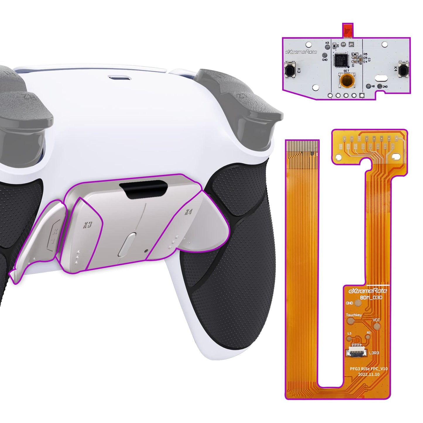 eXtremeRate Silver Real Metal Buttons (RMB) RISE4 Remap Kit for PS5 Controller BDM-030 040 050 with Black Rubberized Grip Redesigned White Back Shell Upgrade Board & 4 Back Buttons for PS5 Controller