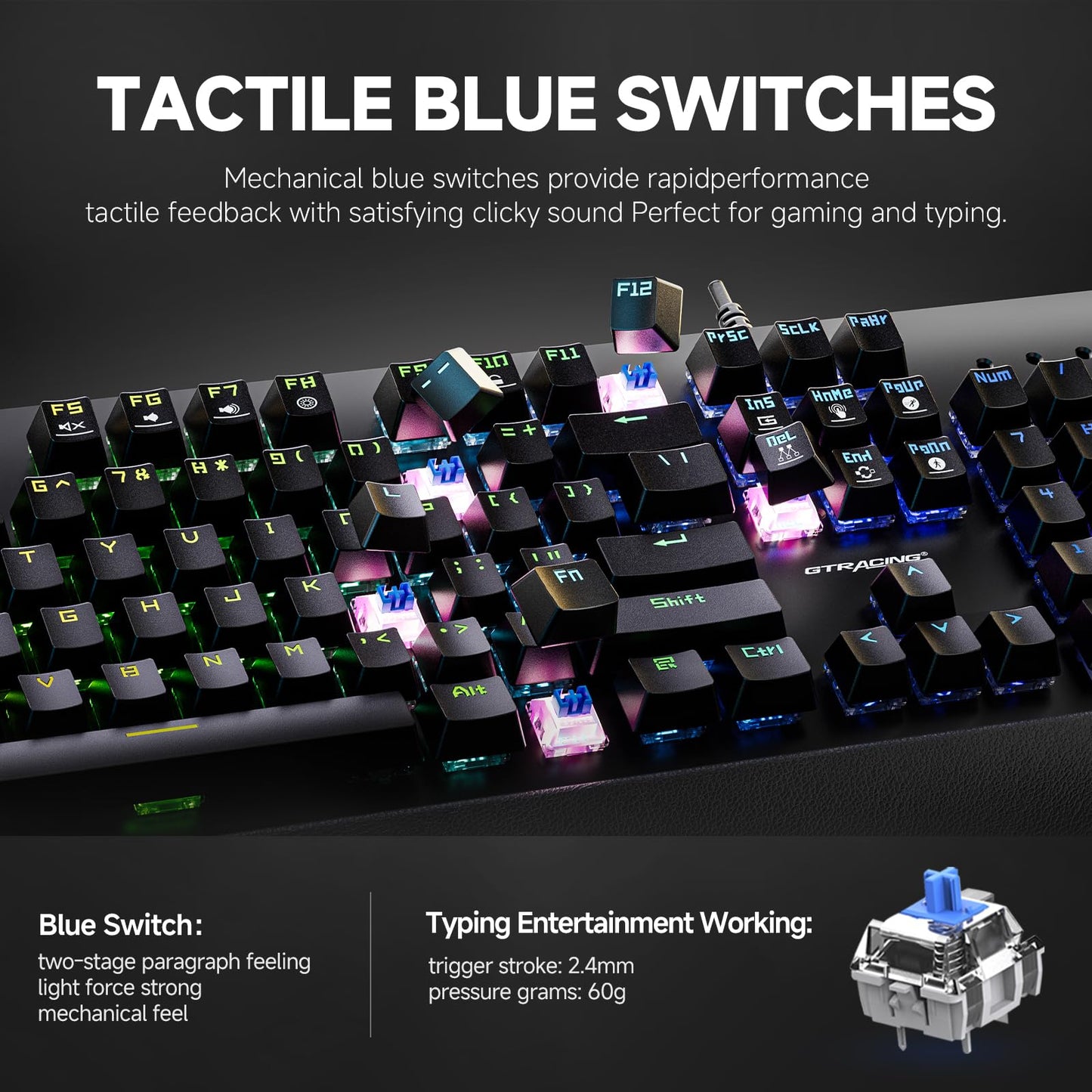 GTRACING Mechanical Gaming Keyboard GT883 - RGB Lighting, Tactile Blue Switches, Programmable Keys for Laptop & PC