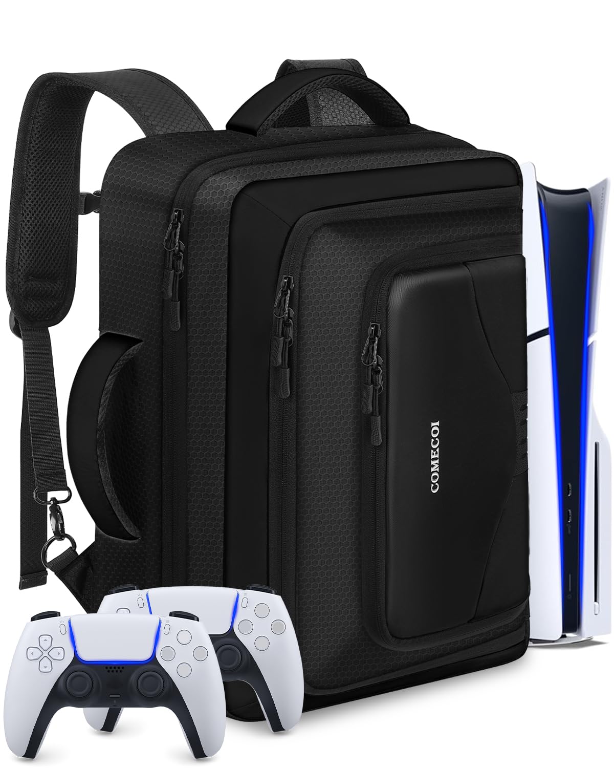 COMECOI Carrying Case for PS5 Tpartyl Backpack for PS 5 Pro Large Capacity Protective Storage Bag Compatible with Playstation 5 Disk/ Digital Edition Console Controllers Cards Accessories