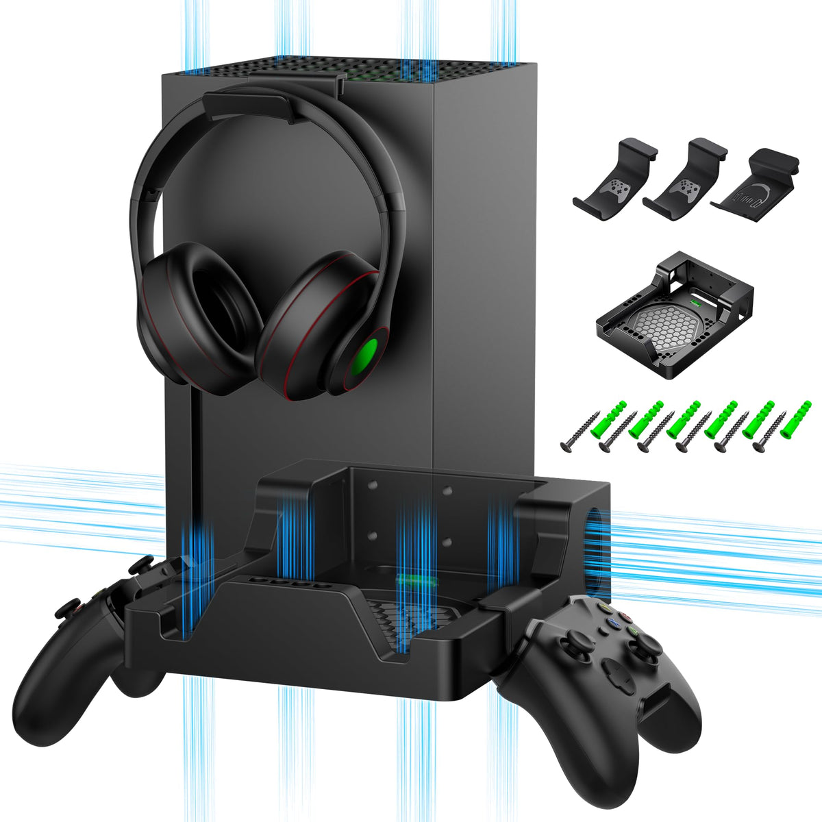 Wall Mount for Xbox Series X with 2 Controller Holders and 1 Headset Stand Wall Mount Kit for Xbox Series X Accessories Dual Ventilation Design Wall Shelf Place Console Front Facing