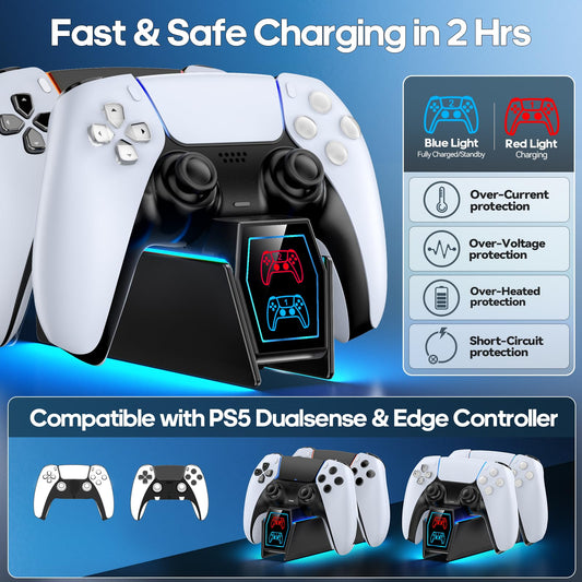 Tokluck PS5 Controller Charger Station with LED Indicator & On-off Switch, Deep Black, Compatible with Dual Controllers & Faceplates
