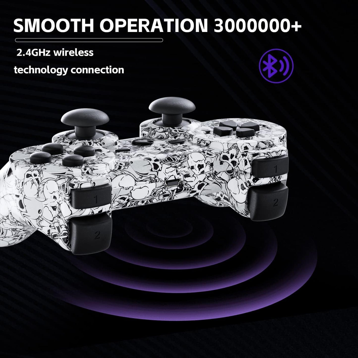 Burcica Wireless Controller for PS3 - Motion Sensing, Double Vibration, GreenFlash+WhiteSkull, Includes Charging Cord