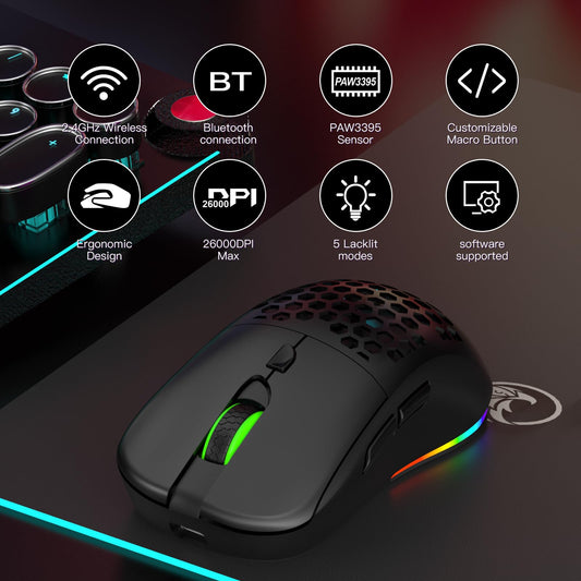 RAZEAK Ultra Custom Wireless Gaming Mouse RM-X08, 26000 DPI, Triple-Mode (Wired+2.4G+BT5.0), Black