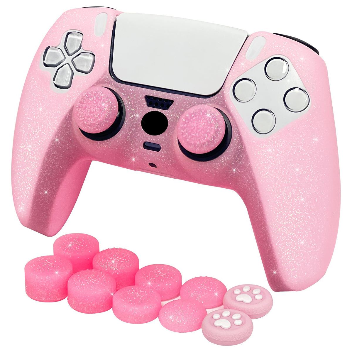 HLRAO Pink Glitter Anti-Slip Protective Silicone Cover Skin Grips Compatible with PS5/Slim/Pro Controller 8 PCS Glitter Thumb Grips Caps and 2 Grips Caps. (Glitter Pink)