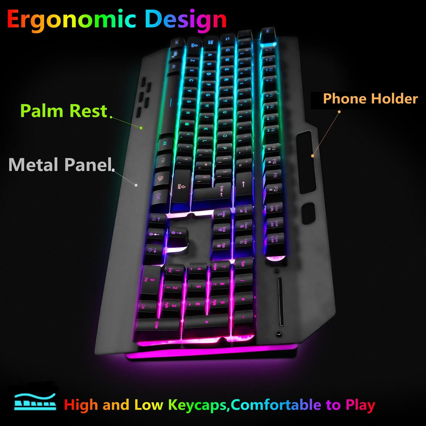 Cakce Wireless RGB Gaming Keyboard and Mouse - Rechargeable, Metal Panel, Black, 7 Colors, Long Battery Life, Includes Mouse Pad