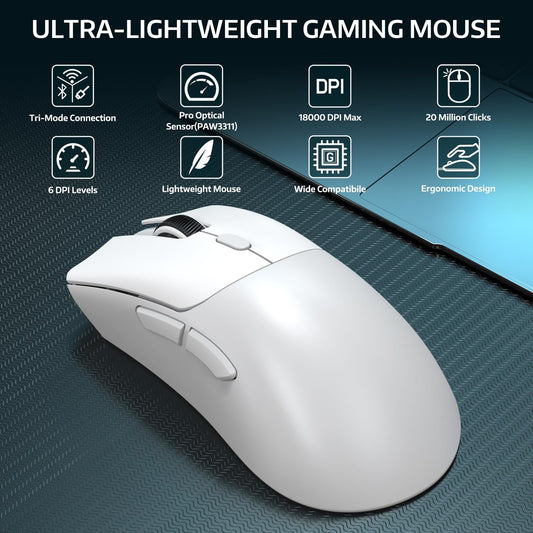 ATTACK SHARK R1 Wireless Gaming Mouse - 2.4G/Wired/BT5.2, 55g, 18K DPI, Ergonomic Design, White