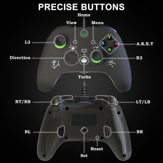 conwin Wired Game Controller for PC & XBOX One - RGB LED, Turbo, Programmable, Vibration, USB, Black