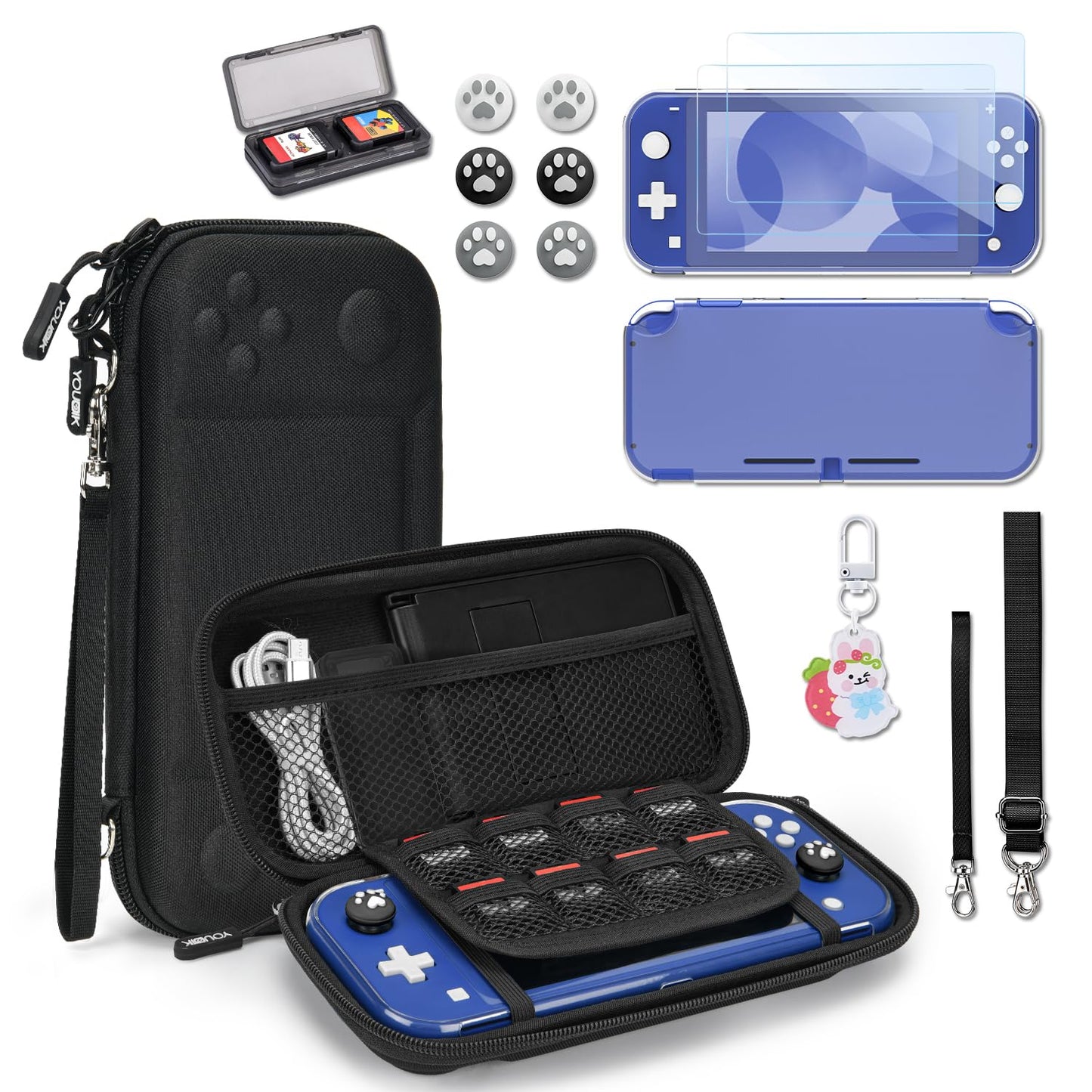 Younik Switch Lite Case Portable Switch Lite Carrying Case 14 in 1 Accessories Kit with Carrying Case Protective Cover Game Card Case Screen Protectors Thumb Grips Pendant and straps (Black)