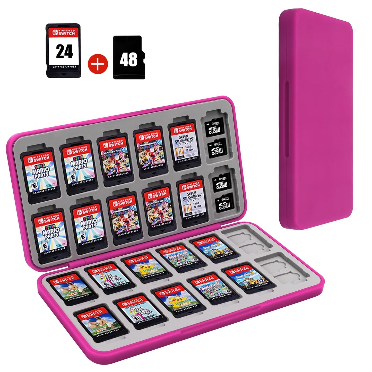 FYY Nintendo Switch Game Holder - Switch refill unit Case with 24 Game & 48 Micro SD Card sections Hard Shell Silicone Lined Magenta