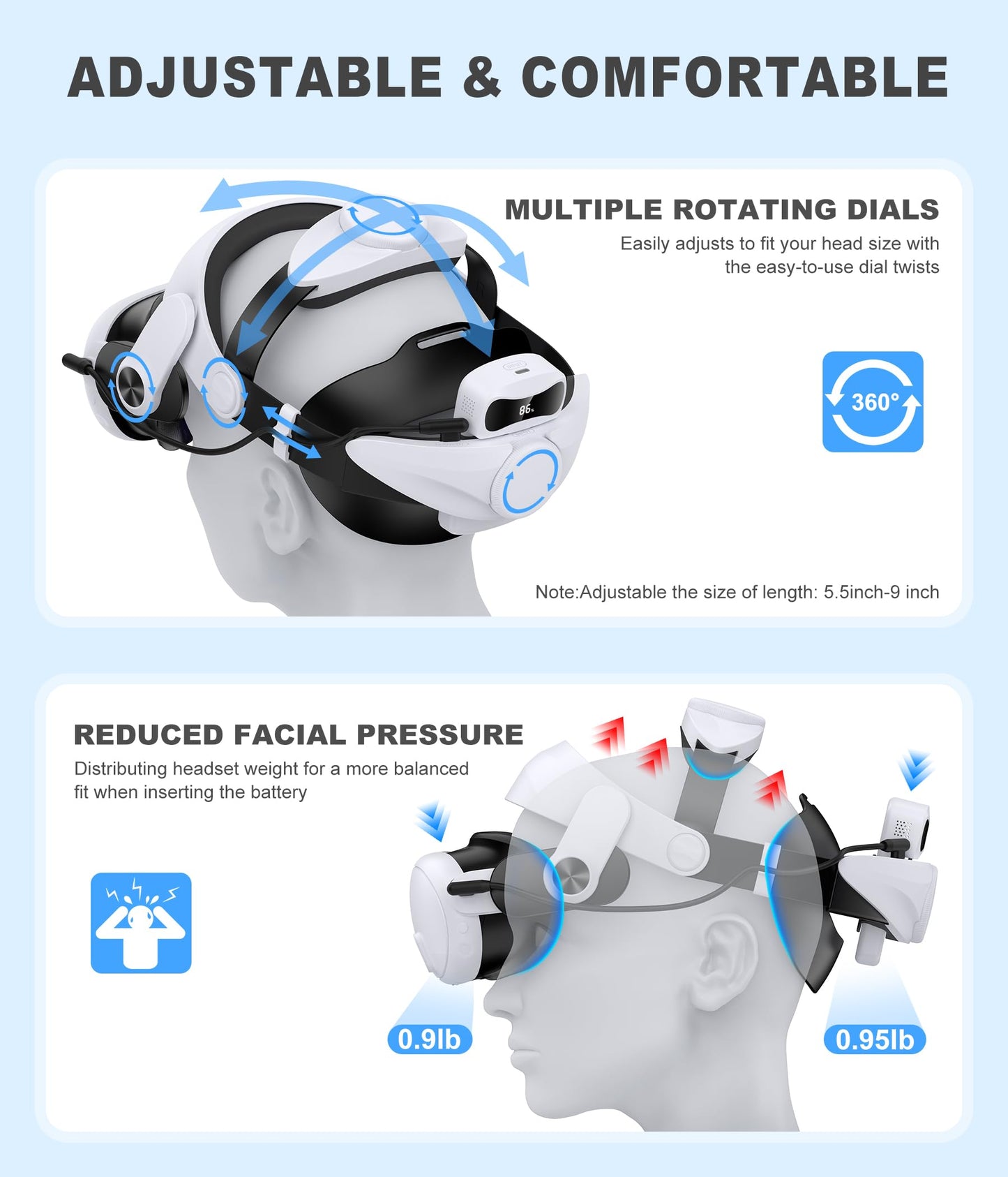 DXKK VR Headset Battery Head Strap for Meta Quest 3/2 - Soft Padding, Double Adjustment Dials, White, Extra 3-4Hrs Playtime