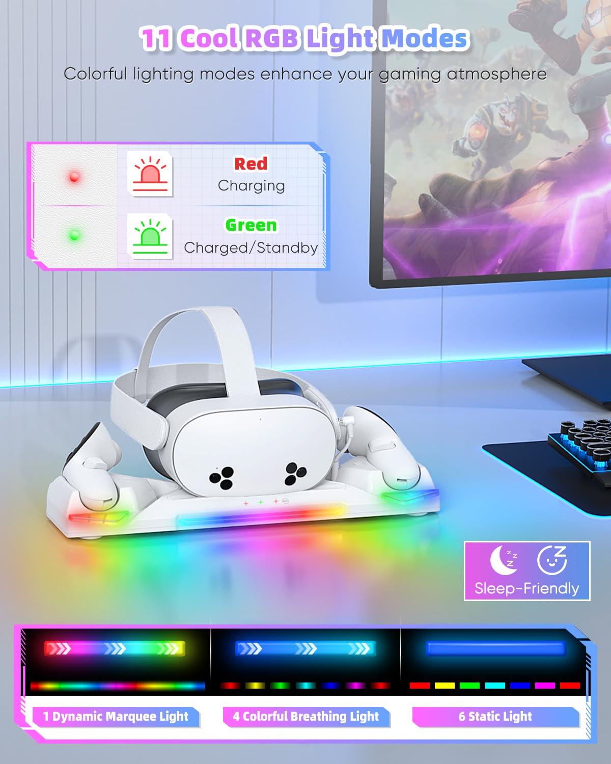 Kinwin 30W Fast Charging Dock for Meta Quest 3S/3/2 - Magnetic Charger Stand with RGB Light & 2 Batteries, White, Model MQ3-10