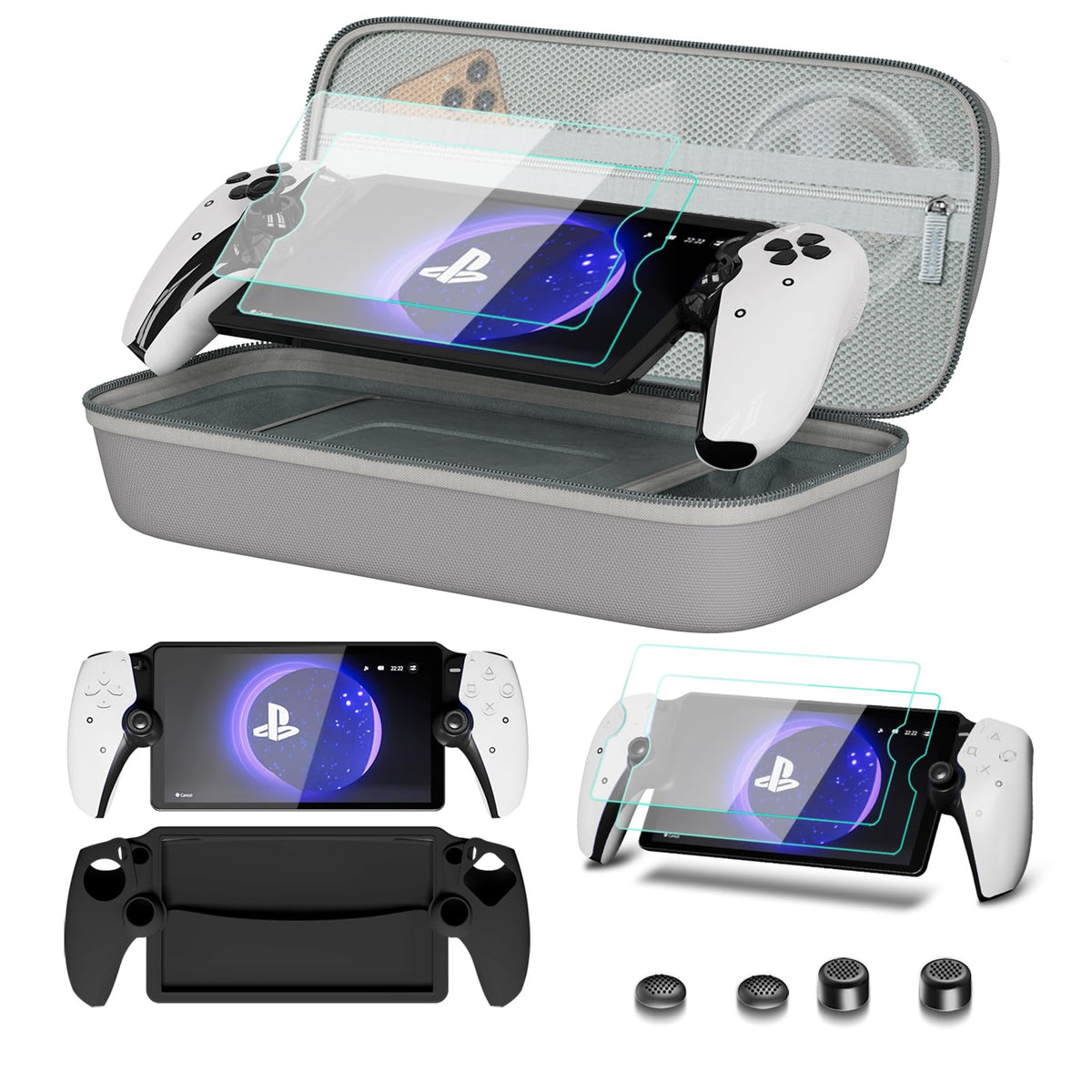 8 in 1 Accessories Compatible with Playstation Portal Carrying Case for PS Portal Soft Silicone Protective Cover for PS5 Portal 2 Screen Protector with 4 Thumb Grip (Grey)