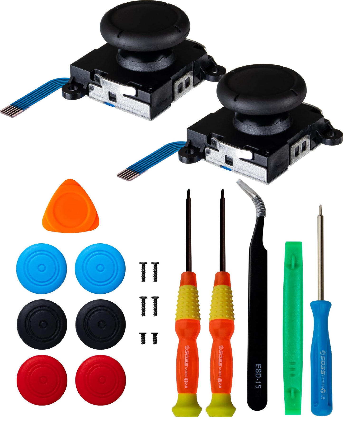 SOSS GAMING 2024 2-Pack Joystick Thumbstick Replacement Kit for all Nintendo Switch and Switch Lite Controllers - Fix & Repair Your Analog Joy-Con Thumb Stick with all Necessary Tools Included (2)