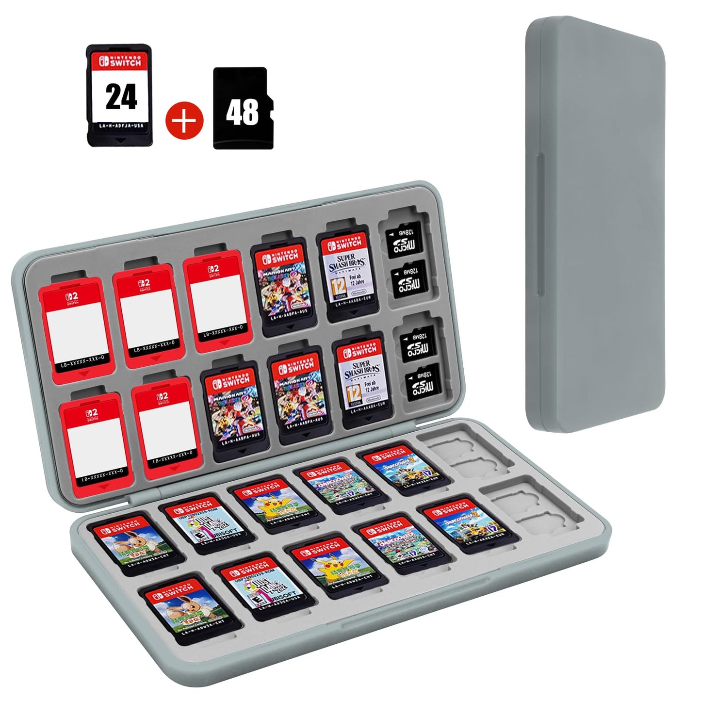 FYY Nintendo Switch Game Case Holder for Switch 2 refill unit Case with 24 Game Card sections & 48 Micro SD Card sections Hard Shell Silicone Lining Grey