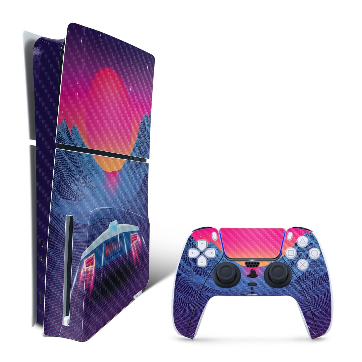 MightySkins Carbon Fiber Skin for PS5 Playstation 5 Slim Disc Edition Bundle - Synthwave Drive Protective Durable Textured Carbon Fiber Finish Easy to Apply and Change Styles Made in The USA