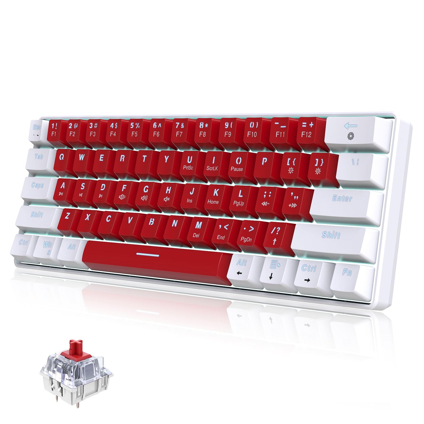 Snpurdiri Wired 60% Mechanical Gaming Keyboard White LED Backlit Ultra-Compact Small Office Keyboard for Windows Laptop PC Mac (White-Red Red Switches)