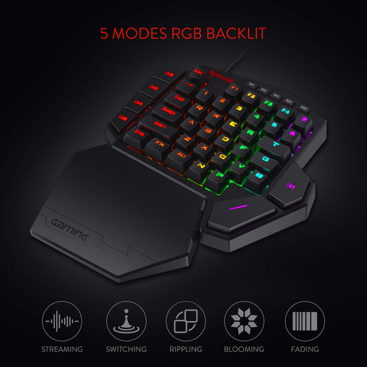Redragon K585 DITI Wired One-Handed RGB Mechanical Gaming Keyboard, Blue Switch, 42 Keys, Black, Hot-Swappable, Detachable Wrist Rest