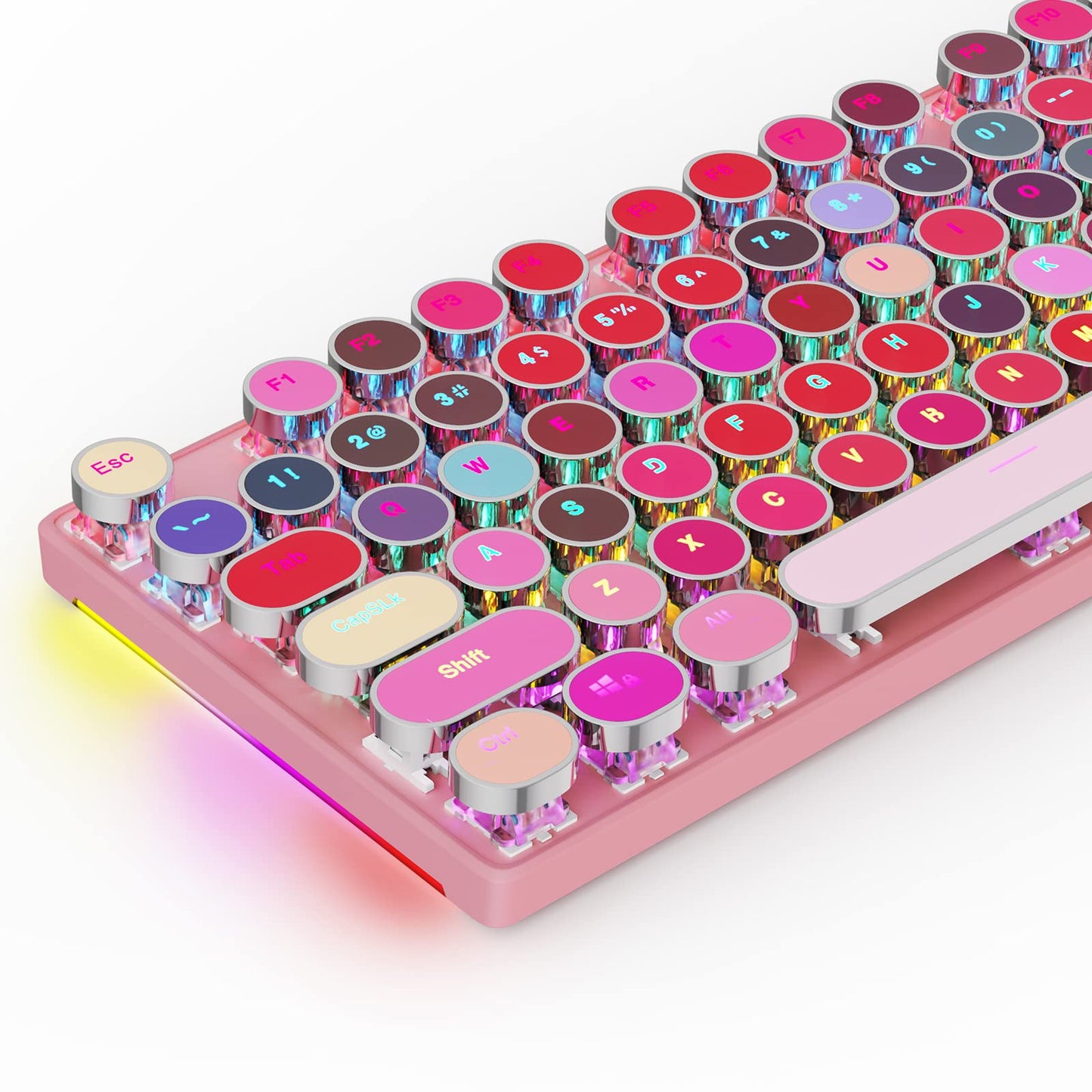 HUO JI Typewriter Mechanical Gaming Keyboard with RGB Sidelit and Rainbow Backlit Retro Style Red Switches Metal Panel Lipstick 104 Keys for Mac PC Cute Pink