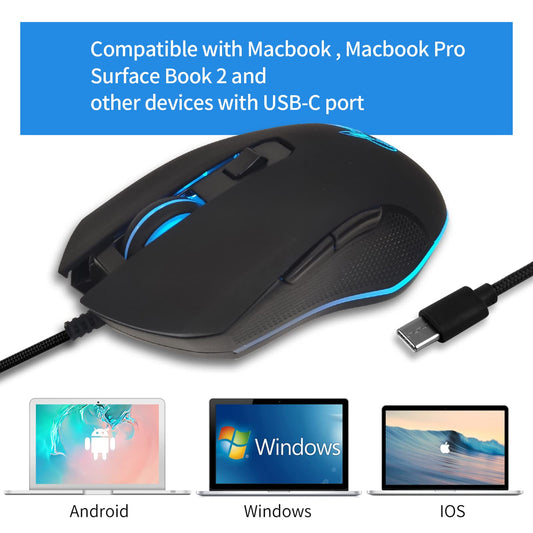 IULONEE USB Type C Wired Silent Mouse, Ergonomic 2400 DPI, 7 LED Backlight, Type-C Black for Windows PC, Laptop, MacBook