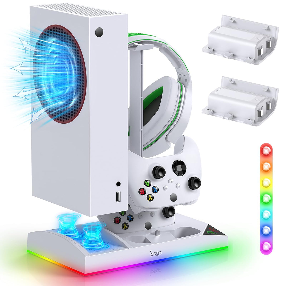Upgraded RGB Cooling Fan Charging Station for Xbox Series S Console& Controller Dual Charger Dock Cooler System Stand with 15 Colorful Light Modes Accessories with 2*1400mAH Rechargeable Battery White