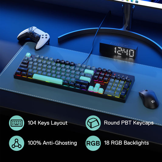 Redragon K582 SE Wired RGB Gaming Keyboard - 104 Keys, Mixed Color Round PBT Keycaps, Dynamic 16.8M RGB, Linear Red Switch, Dark Jade