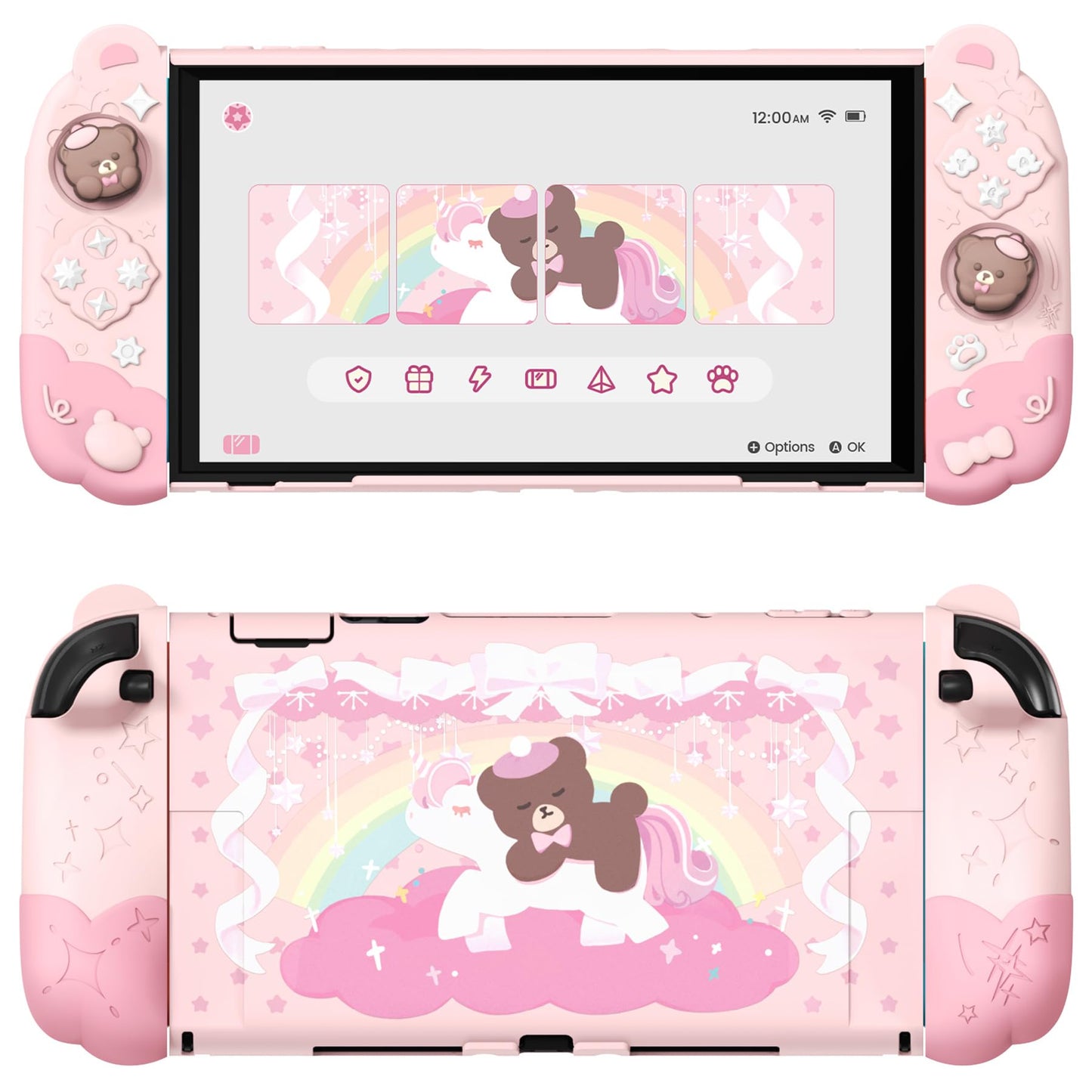 PlayVital Good Night Bear Dockable Case for Nintendo Switch 2 with Stand | Split Design Silicone Joycon Grips PC Console Hard Shell 2 Joystick Caps | Cute Protective Cover Bundle - Pink