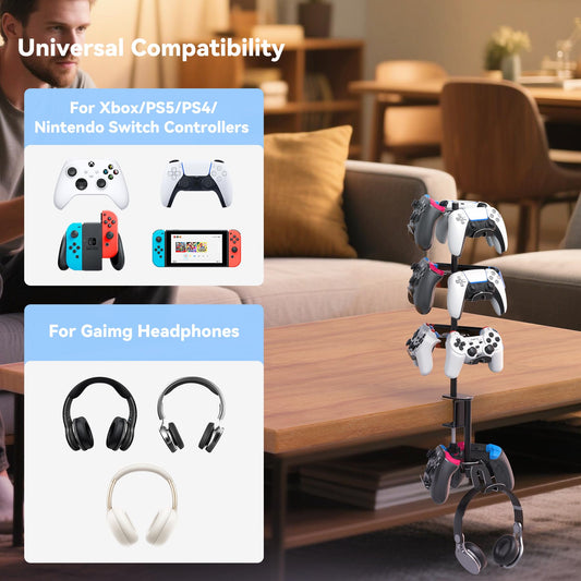 DGPCT Rotatable 4 Tier Desk Clamp Headset Stand for PS5, Xbox, PC - Black Aluminum Gaming Headphone Hanger