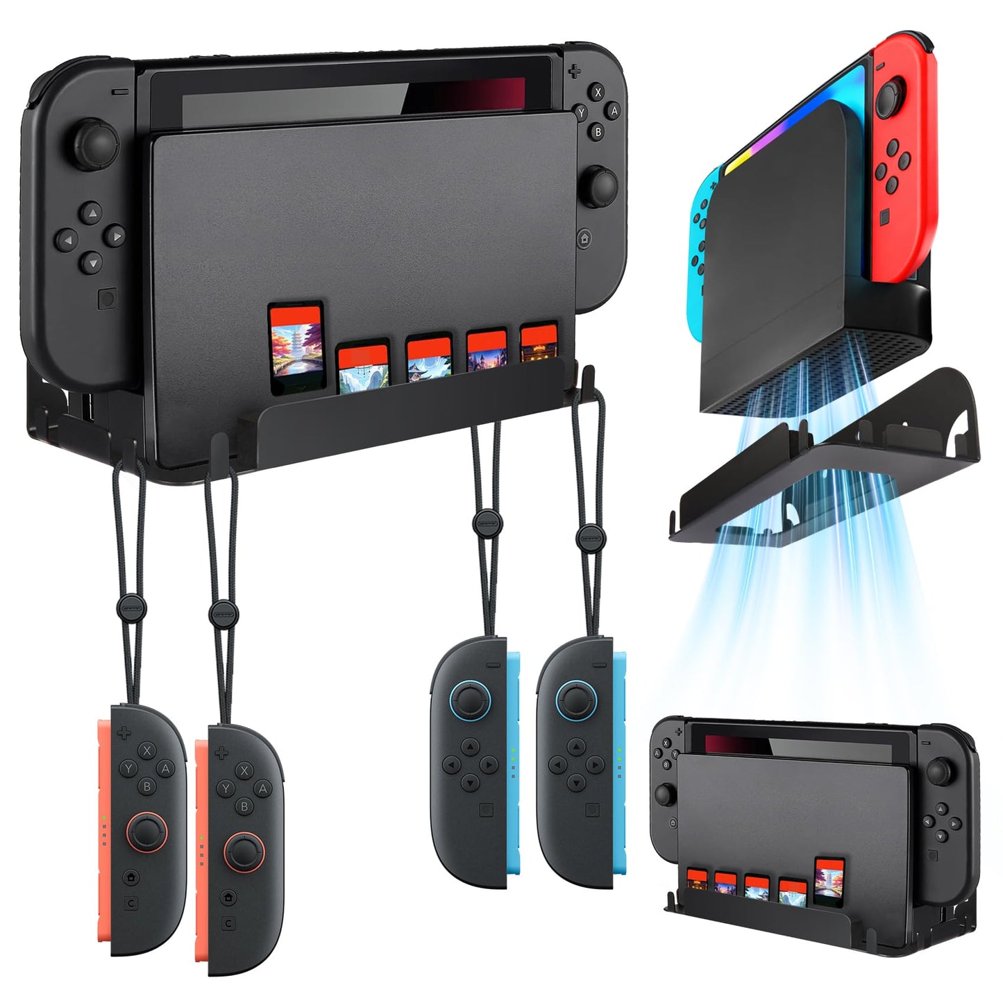 Wall Mount for Nintendo Switch 1/2/OLED Metal Wall Mount for Switch 2 Accessories with 6 Joy-Con Hangers & 5 Game Card Slots Secure Wall or Pegboard Setup Near TV or Monitor Black