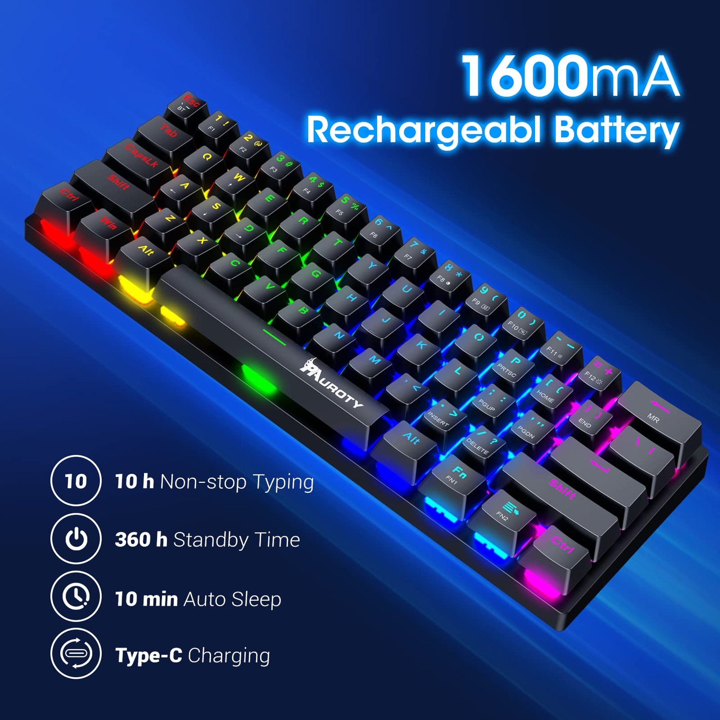 Pauroty 60% Wireless Mechanical Keyboard, RGB Backlit, Clicky Blue Switch, Mini 61 Keys, 2.4G/USB-C/Bluetooth, Black, Model PC335