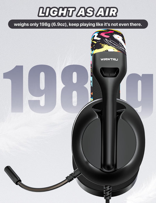WIRWTRU S30 Gaming Headset - Lightweight Wired Headphones with Noise Cancelling Mic for Xbox, PS5, PC - Graffiti Design