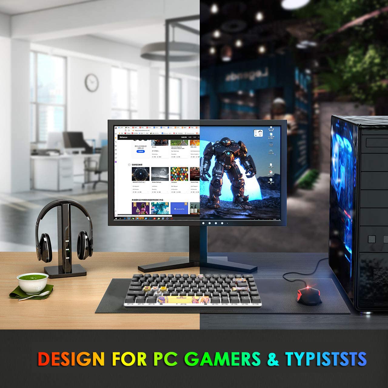 LexonElec AK33 Portable Mechanical Gaming Keyboard, Hot-Swappable 82 Keys, Red Switch, White Backlit, Black PBT Keycaps