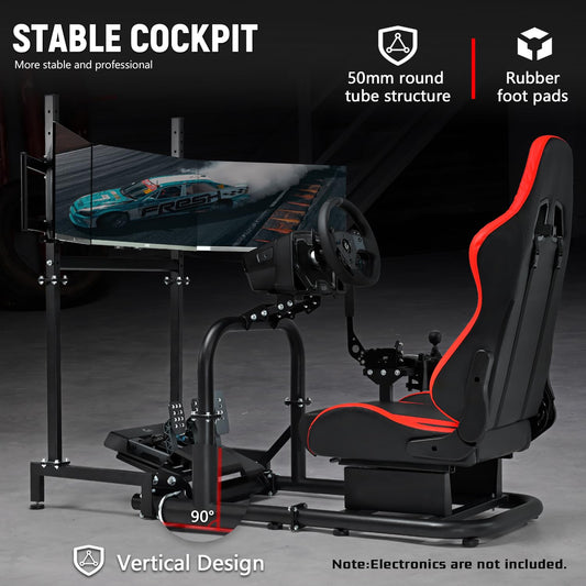 Dardoo Racing Simulator Cockpit with Triple Monitor Stand, Red Seat, G923 Model, 50mm Round Tube