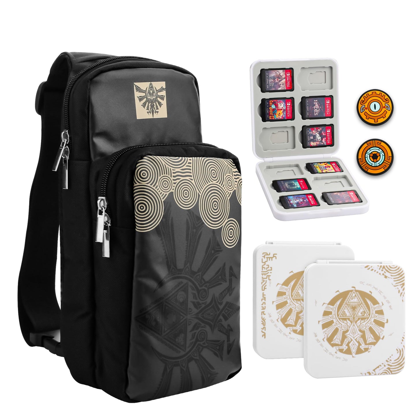 RHOTALL Black Tpartyl Bag for Nintendo Switch/Lite/OLED Large Capacity Portable Carrying Case Compatible for Chest Shoulder Accessories Storage Backpack with12 sections Game Case Thumb Grip Caps-for Zelda
