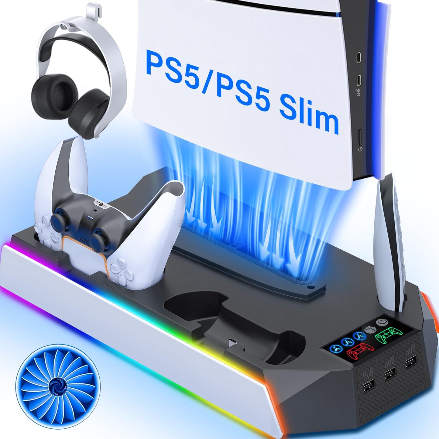 PS5 / PS5 Slim Cooling Station with Controller Charging Station - LED Light Cooling Stand for Playstation 5 Slim Disc/Digital Console Accessories Incl RGB Light/Cooler Fan/3 USB Hubs/Headset Holder