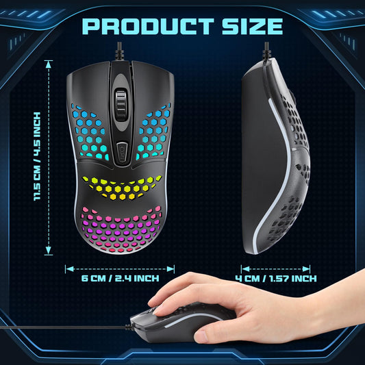 Tellegloww USB Wired RGB Gaming Mouse - Ergonomic Optical, 8 Pack, 3 Adjustable DPI, Black with RGB Lighting