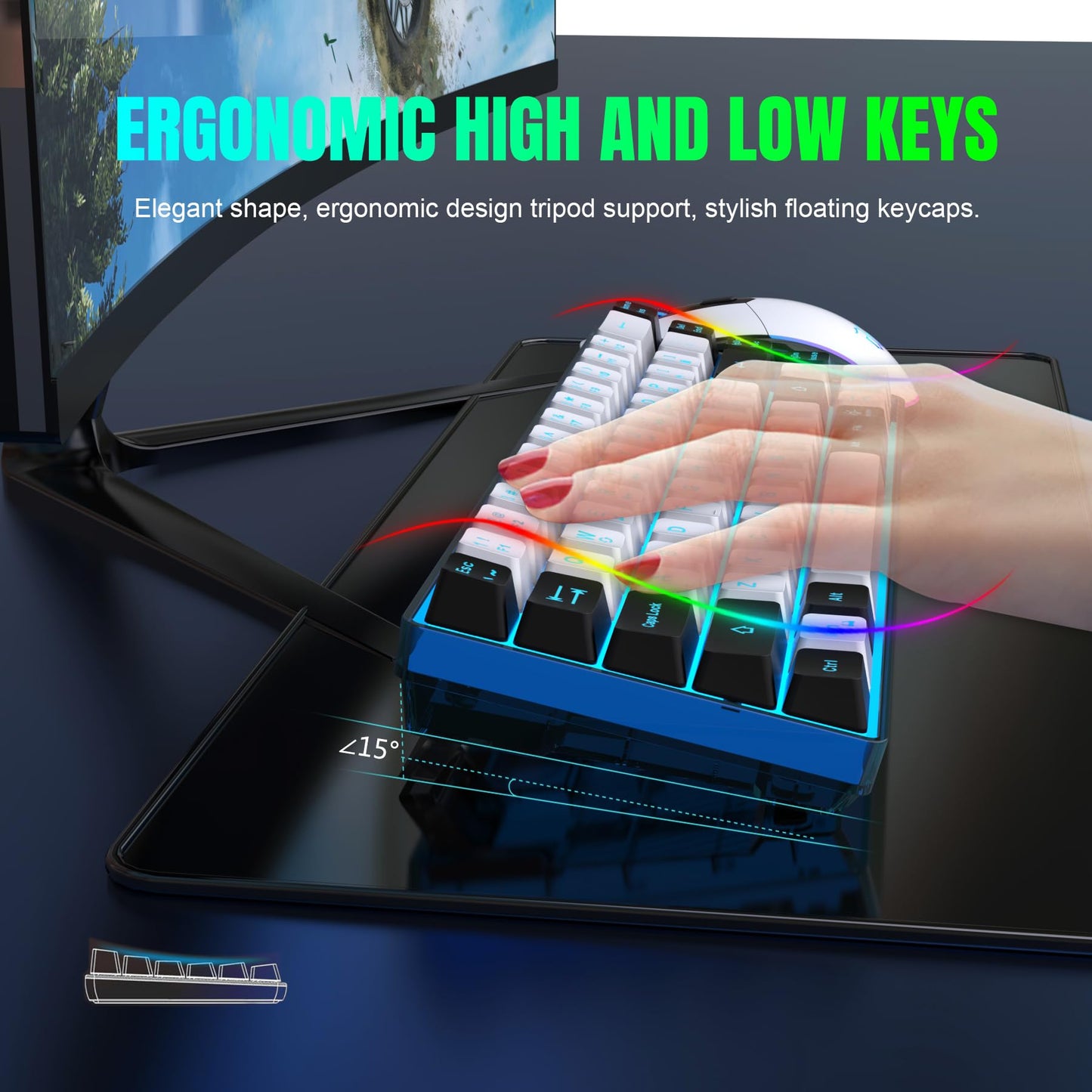 Snpurdiri Wireless Gaming Keyboard and Mouse Combo, Ice Blue Backlit, Rechargeable 2000mAh Battery, White-Black Color