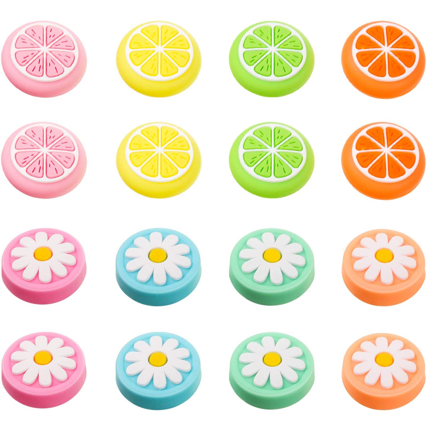 Sumind 16 Pieces Replacement Cute Fruit Lemon and Flower Design Thumb Grip Caps Analog Stick Cover Joystick Cap Soft Silicone Cover Compatible with Nintendo Switch Switch Lite and Joy-Con Controller