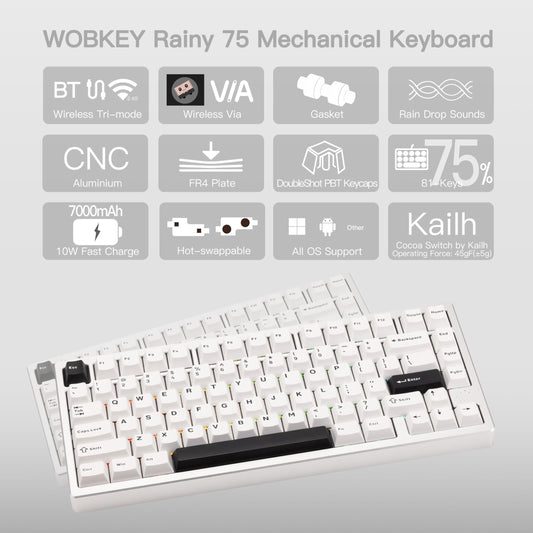 KEEBMONKEY Rainy 75 Mechanical Keyboard - Triple-Mode, Aluminum, RGB, Pro Argent, Cocoa Switches, Superior Acoustics, 7000mAh Battery