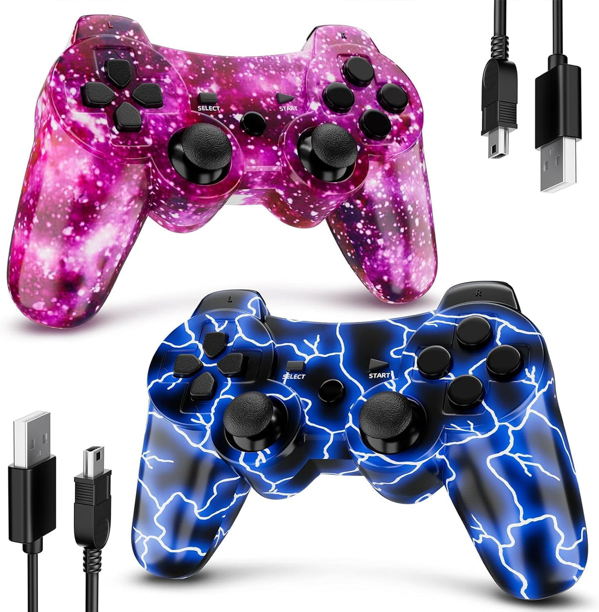 Degulan Controller for PS-3 Wireless, Gaming Remote Joystick for Play 3 with Charger Cable Cord (BlueFlash and PurpleSky)