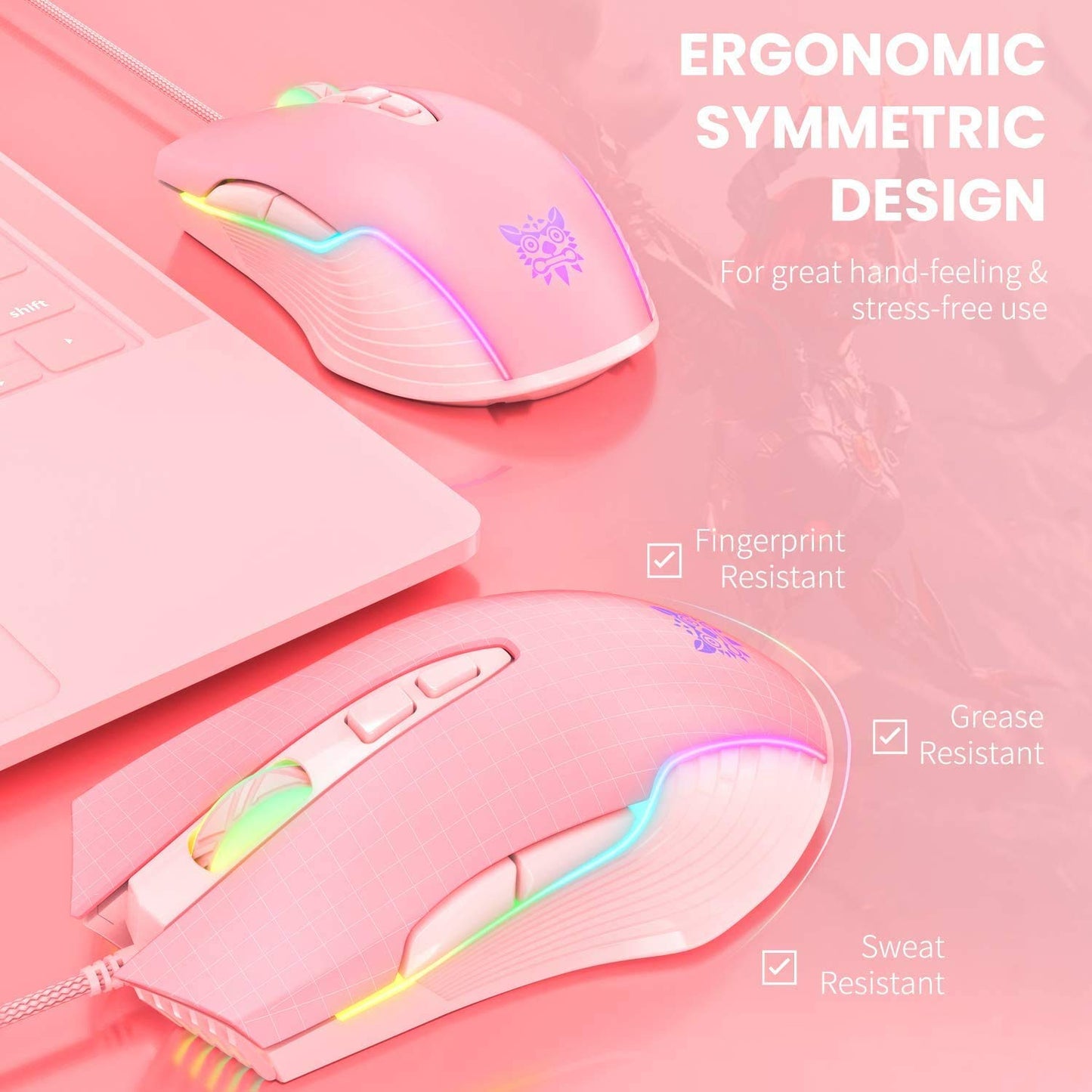 SIMGAL RGB Gaming Mouse - Wired USB Optical Mice, 6400 DPI, Ergonomic, 7 Programmable Buttons, Pink