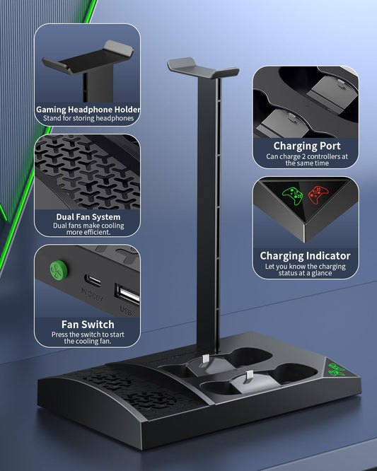 MENEEA Charger Stand with Cooling Fan for Xbox Series S, Vertical Dual Dock, 2 x 1400mAh Batteries, Black, Model PG-XBS013