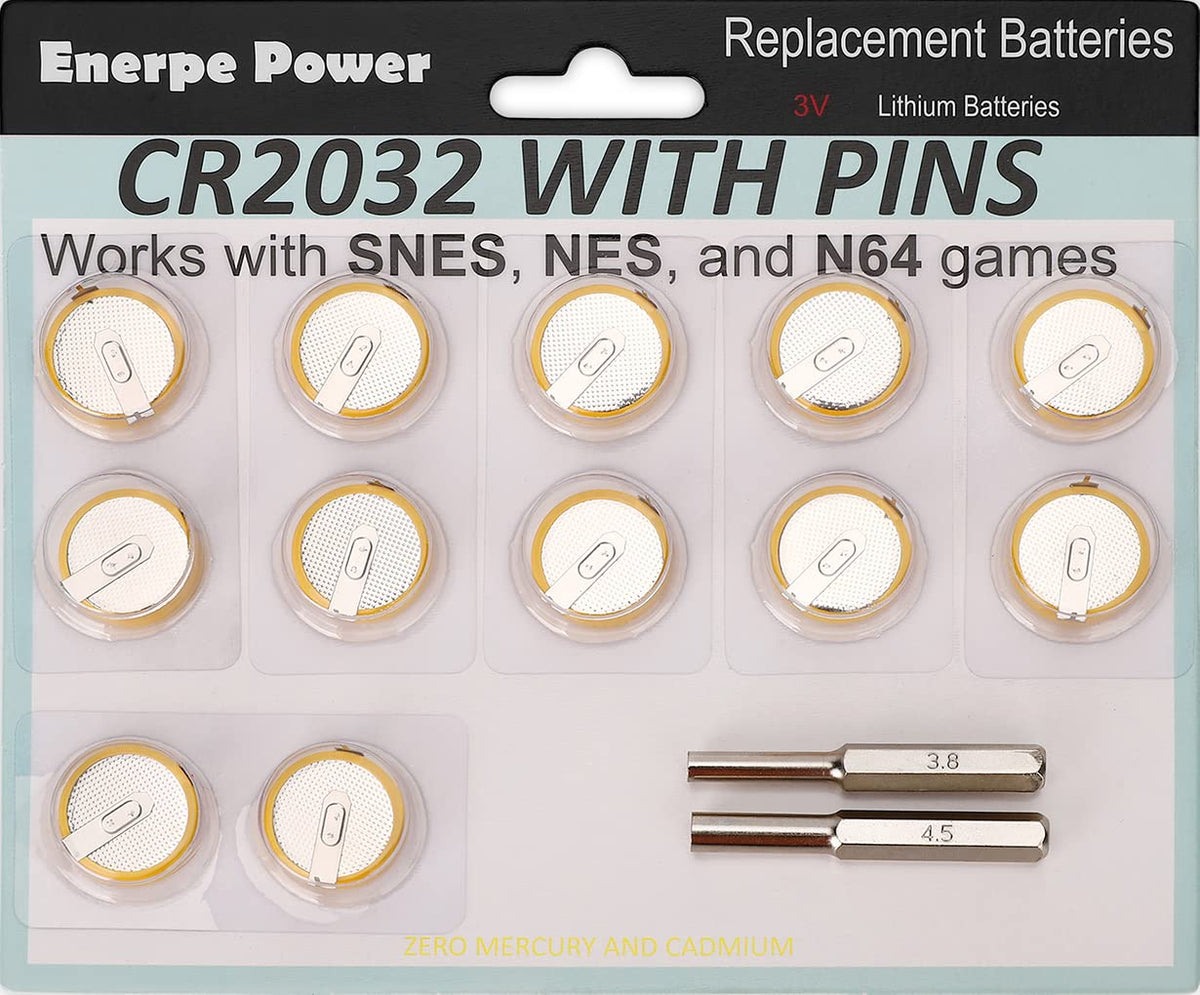 Enerpe CR2032 with Solder Pins 3V Replacement Battery for NES SNES N64 Save Game refill unit 12-Pack