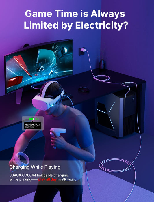 JSAUX 16FT Link Cable for Meta/Oculus Quest 3/2 - Nylon Braided, White, USB 3.0, Charging While Playing