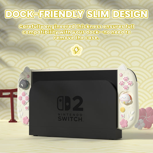 PlayVital Cherry Blossoms Kitten Case for Nintendo Switch 2 - Antique Yellow, Silicone Grips, Dockable Hard Shell, Model HFQNTM002