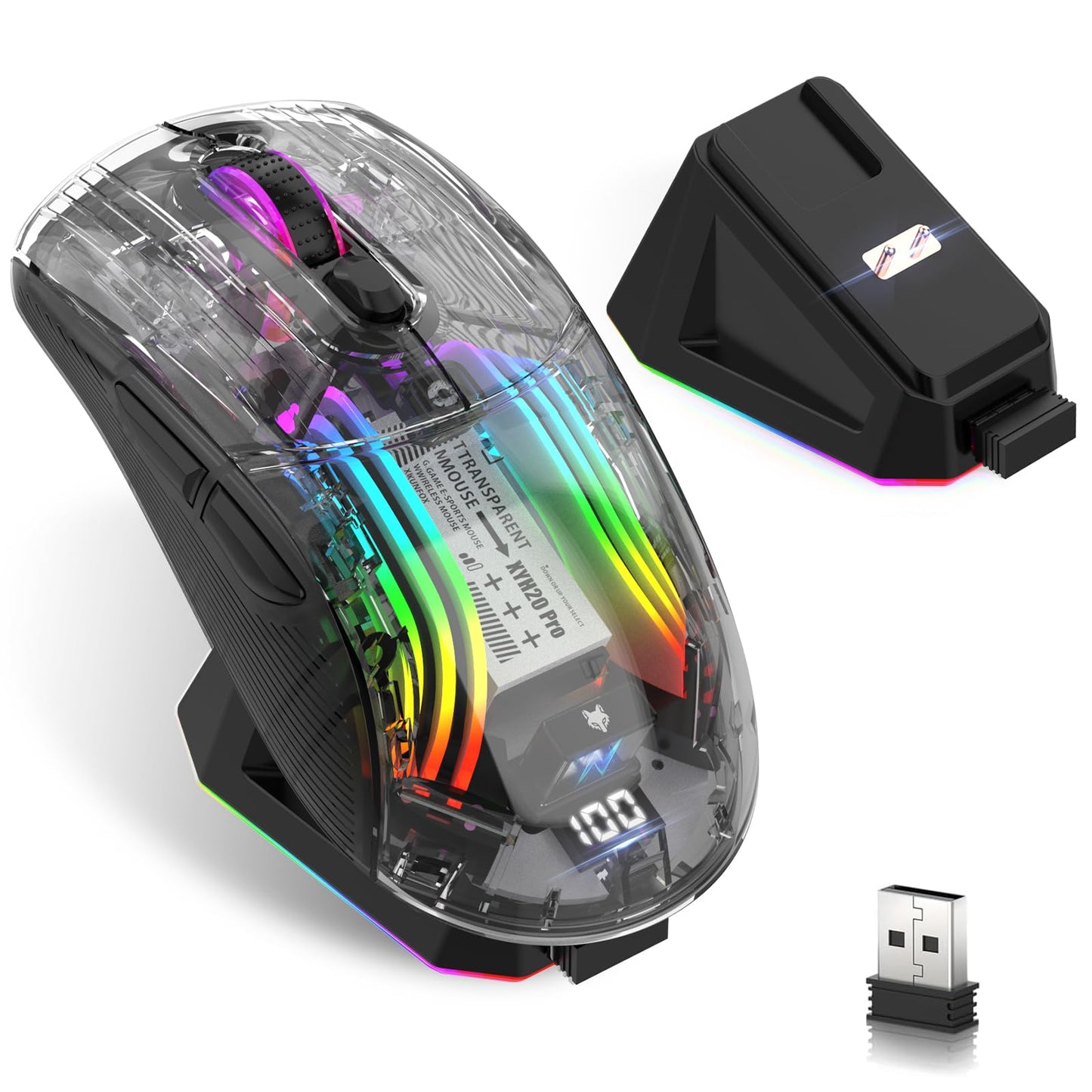 Wireless Gaming Mouse with Transparent RGB Mechanical Tri-Mode 2.4GHz/Bluetooth/Wired Mouse Charging Base Digital Display Silent Mice 7 Buttons Computer Mouse for Gaming and Esports (Black)